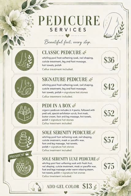 Pedicure services and pricing at Care Hands and Feet Nail Salon